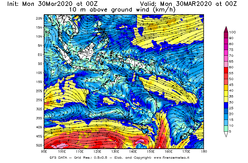 Mappa di analisi GFS - Velocità del vento a 10 metri dal suolo [km/h] in Oceania
							del 30/03/2020 00 <!--googleoff: index-->UTC<!--googleon: index-->