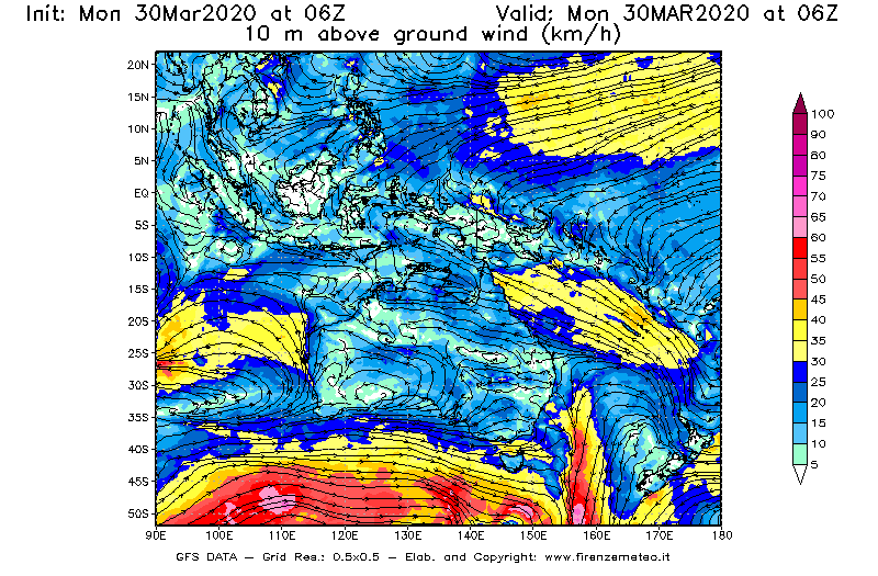 Mappa di analisi GFS - Velocità del vento a 10 metri dal suolo [km/h] in Oceania
							del 30/03/2020 06 <!--googleoff: index-->UTC<!--googleon: index-->