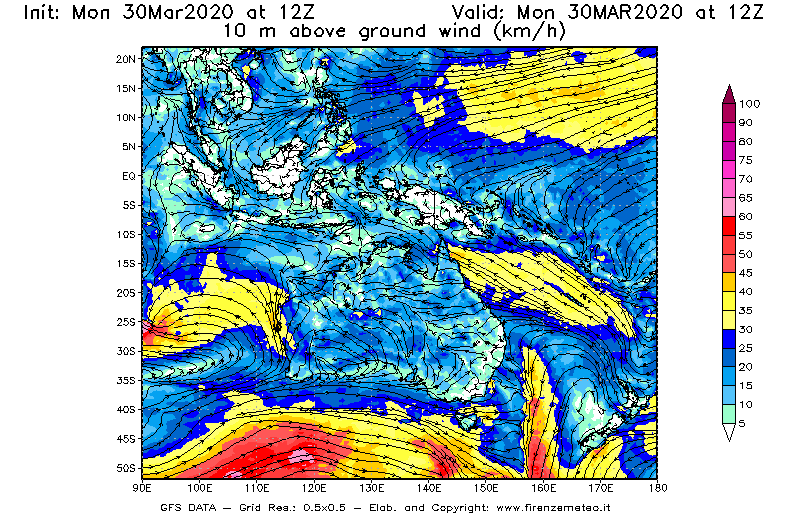 Mappa di analisi GFS - Velocità del vento a 10 metri dal suolo [km/h] in Oceania
							del 30/03/2020 12 <!--googleoff: index-->UTC<!--googleon: index-->