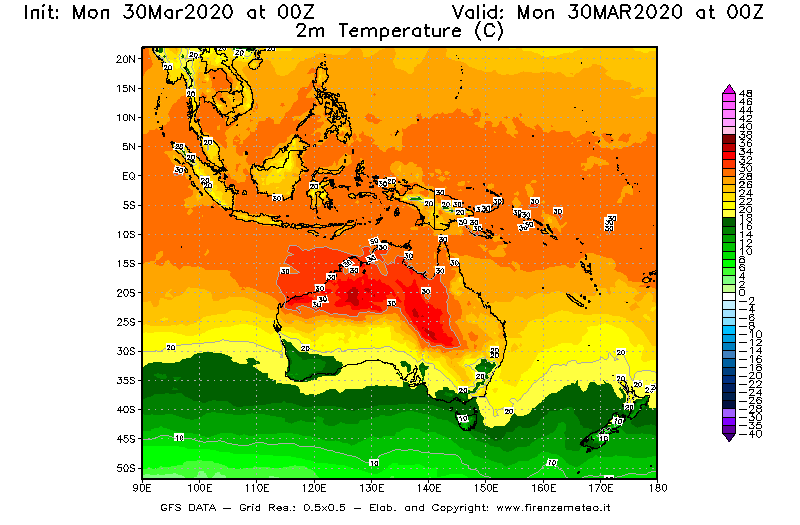 Mappa di analisi GFS - Temperatura a 2 metri dal suolo [°C] in Oceania
							del 30/03/2020 00 <!--googleoff: index-->UTC<!--googleon: index-->