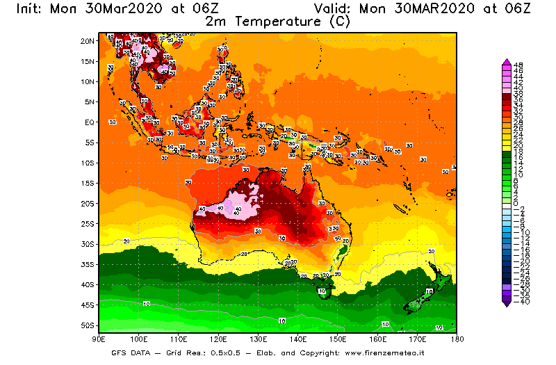 Mappa di analisi GFS - Temperatura a 2 metri dal suolo [°C] in Oceania
							del 30/03/2020 06 <!--googleoff: index-->UTC<!--googleon: index-->