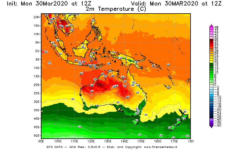 Mappa di analisi GFS - Temperatura a 2 metri dal suolo [°C] in Oceania
							del 30/03/2020 12 <!--googleoff: index-->UTC<!--googleon: index-->