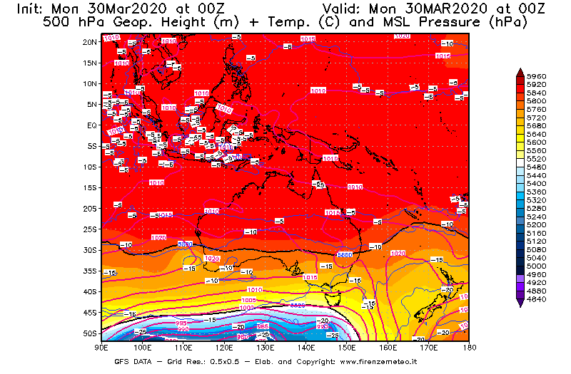 Mappa di analisi GFS - Geopotenziale [m] + Temp. [°C] a 500 hPa + Press. a livello del mare [hPa] in Oceania
							del 30/03/2020 00 <!--googleoff: index-->UTC<!--googleon: index-->