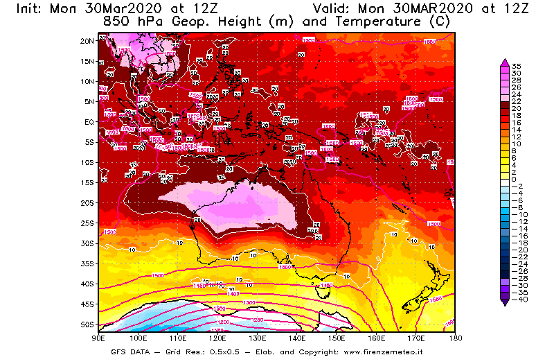 Mappa di analisi GFS - Geopotenziale [m] e Temperatura [°C] a 850 hPa in Oceania
							del 30/03/2020 12 <!--googleoff: index-->UTC<!--googleon: index-->