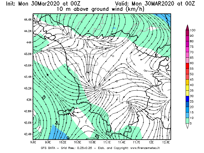 Mappa di analisi GFS - Velocità del vento a 10 metri dal suolo [km/h] in Toscana
							del 30/03/2020 00 <!--googleoff: index-->UTC<!--googleon: index-->