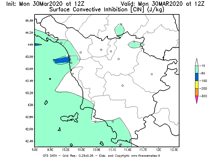 Mappa di analisi GFS - CIN [J/kg] in Toscana
							del 30/03/2020 12 <!--googleoff: index-->UTC<!--googleon: index-->