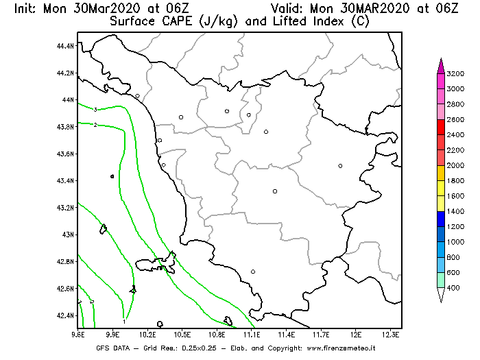 Mappa di analisi GFS - CAPE [J/kg] e Lifted Index [°C] in Toscana
							del 30/03/2020 06 <!--googleoff: index-->UTC<!--googleon: index-->