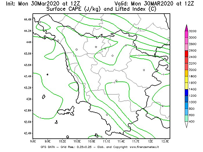 Mappa di analisi GFS - CAPE [J/kg] e Lifted Index [°C] in Toscana
							del 30/03/2020 12 <!--googleoff: index-->UTC<!--googleon: index-->