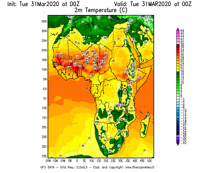 Mappa di analisi GFS - Temperatura a 2 metri dal suolo [°C] in Africa
							del 31/03/2020 00 <!--googleoff: index-->UTC<!--googleon: index-->