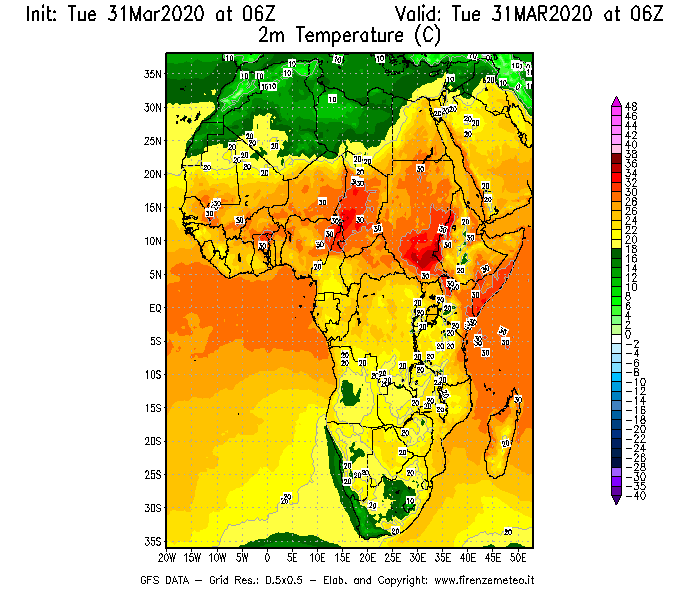 Mappa di analisi GFS - Temperatura a 2 metri dal suolo [°C] in Africa
							del 31/03/2020 06 <!--googleoff: index-->UTC<!--googleon: index-->