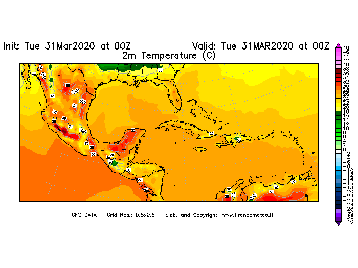 Mappa di analisi GFS - Temperatura a 2 metri dal suolo [°C] in Centro-America
							del 31/03/2020 00 <!--googleoff: index-->UTC<!--googleon: index-->