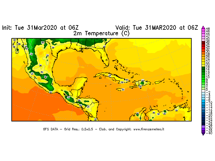 Mappa di analisi GFS - Temperatura a 2 metri dal suolo [°C] in Centro-America
							del 31/03/2020 06 <!--googleoff: index-->UTC<!--googleon: index-->