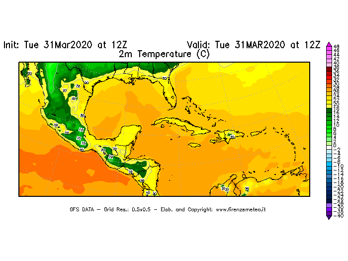 Mappa di analisi GFS - Temperatura a 2 metri dal suolo [°C] in Centro-America
							del 31/03/2020 12 <!--googleoff: index-->UTC<!--googleon: index-->