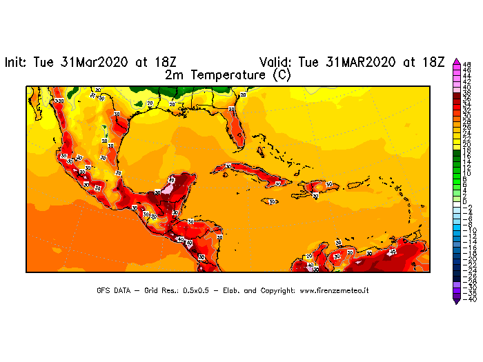Mappa di analisi GFS - Temperatura a 2 metri dal suolo [°C] in Centro-America
							del 31/03/2020 18 <!--googleoff: index-->UTC<!--googleon: index-->