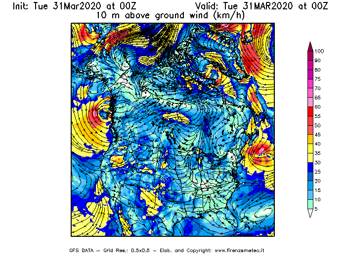 Mappa di analisi GFS - Velocità del vento a 10 metri dal suolo [km/h] in Nord-America
							del 31/03/2020 00 <!--googleoff: index-->UTC<!--googleon: index-->