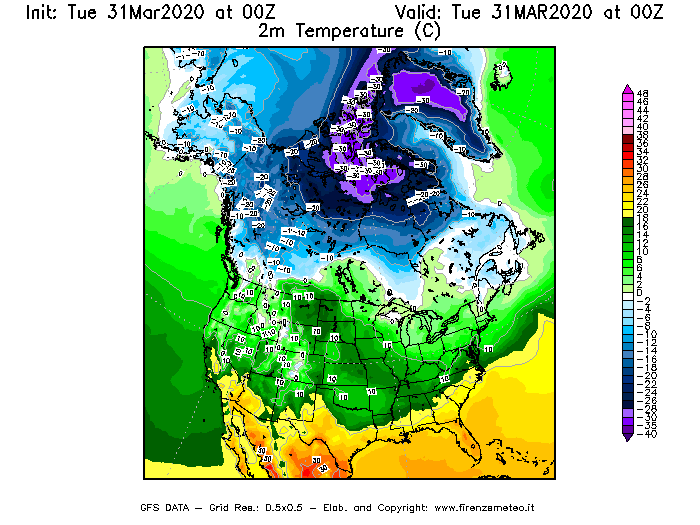 Mappa di analisi GFS - Temperatura a 2 metri dal suolo [°C] in Nord-America
							del 31/03/2020 00 <!--googleoff: index-->UTC<!--googleon: index-->