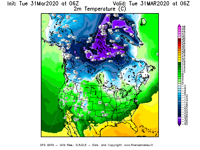 Mappa di analisi GFS - Temperatura a 2 metri dal suolo [°C] in Nord-America
							del 31/03/2020 06 <!--googleoff: index-->UTC<!--googleon: index-->