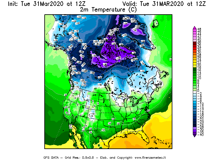 Mappa di analisi GFS - Temperatura a 2 metri dal suolo [°C] in Nord-America
							del 31/03/2020 12 <!--googleoff: index-->UTC<!--googleon: index-->