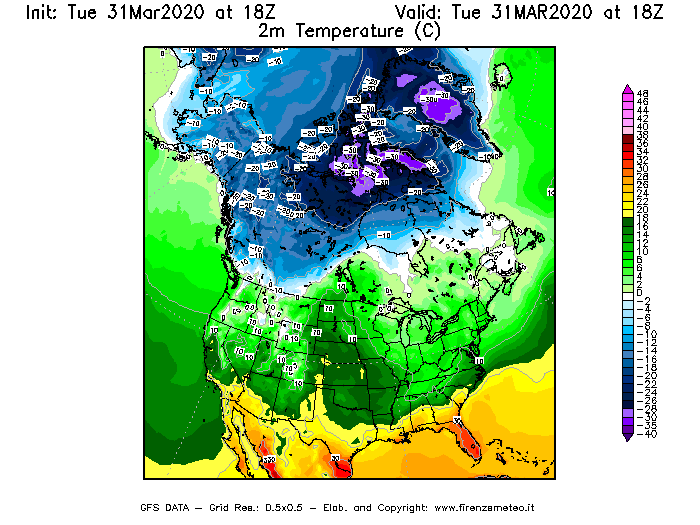 Mappa di analisi GFS - Temperatura a 2 metri dal suolo [°C] in Nord-America
							del 31/03/2020 18 <!--googleoff: index-->UTC<!--googleon: index-->