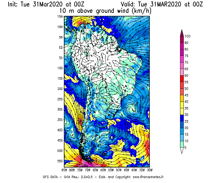 Mappa di analisi GFS - Velocità del vento a 10 metri dal suolo [km/h] in Sud-America
							del 31/03/2020 00 <!--googleoff: index-->UTC<!--googleon: index-->
