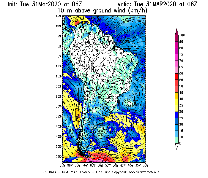 Mappa di analisi GFS - Velocità del vento a 10 metri dal suolo [km/h] in Sud-America
							del 31/03/2020 06 <!--googleoff: index-->UTC<!--googleon: index-->