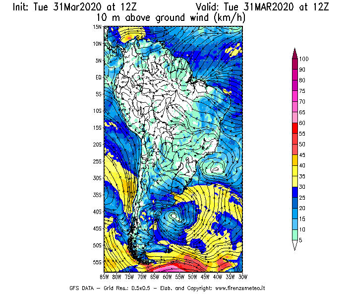 Mappa di analisi GFS - Velocità del vento a 10 metri dal suolo [km/h] in Sud-America
							del 31/03/2020 12 <!--googleoff: index-->UTC<!--googleon: index-->