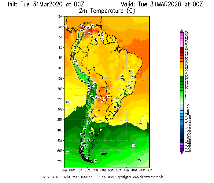 Mappa di analisi GFS - Temperatura a 2 metri dal suolo [°C] in Sud-America
							del 31/03/2020 00 <!--googleoff: index-->UTC<!--googleon: index-->