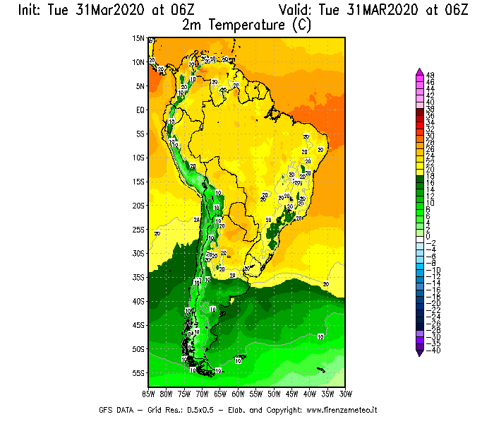 Mappa di analisi GFS - Temperatura a 2 metri dal suolo [°C] in Sud-America
							del 31/03/2020 06 <!--googleoff: index-->UTC<!--googleon: index-->