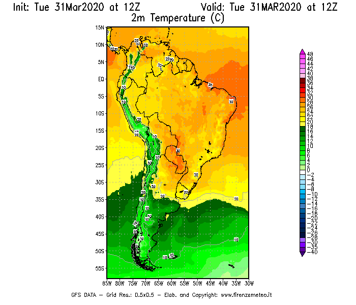 Mappa di analisi GFS - Temperatura a 2 metri dal suolo [°C] in Sud-America
							del 31/03/2020 12 <!--googleoff: index-->UTC<!--googleon: index-->