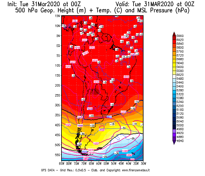Mappa di analisi GFS - Geopotenziale [m] + Temp. [°C] a 500 hPa + Press. a livello del mare [hPa] in Sud-America
							del 31/03/2020 00 <!--googleoff: index-->UTC<!--googleon: index-->