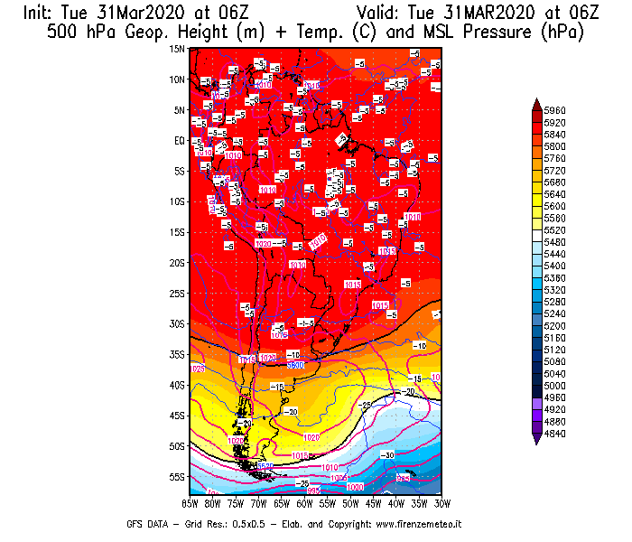 Mappa di analisi GFS - Geopotenziale [m] + Temp. [°C] a 500 hPa + Press. a livello del mare [hPa] in Sud-America
							del 31/03/2020 06 <!--googleoff: index-->UTC<!--googleon: index-->
