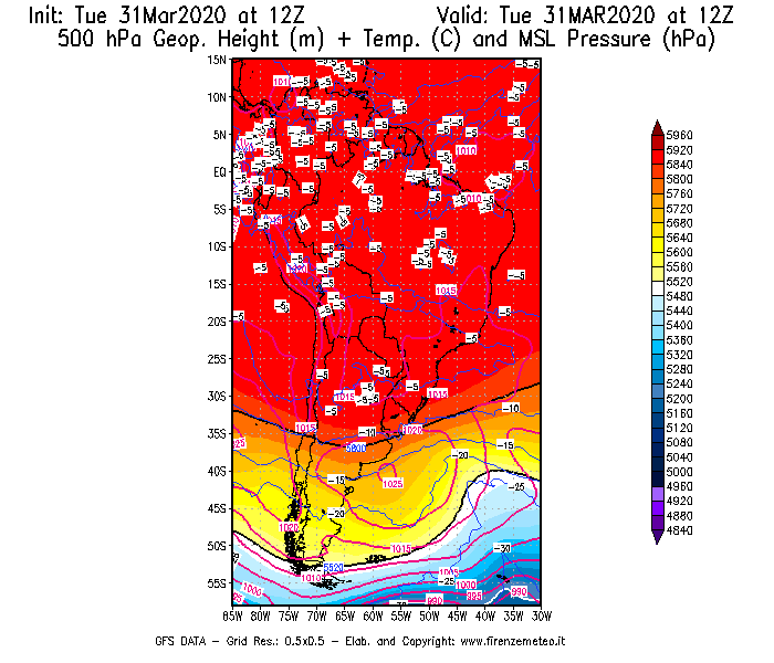 Mappa di analisi GFS - Geopotenziale [m] + Temp. [°C] a 500 hPa + Press. a livello del mare [hPa] in Sud-America
							del 31/03/2020 12 <!--googleoff: index-->UTC<!--googleon: index-->