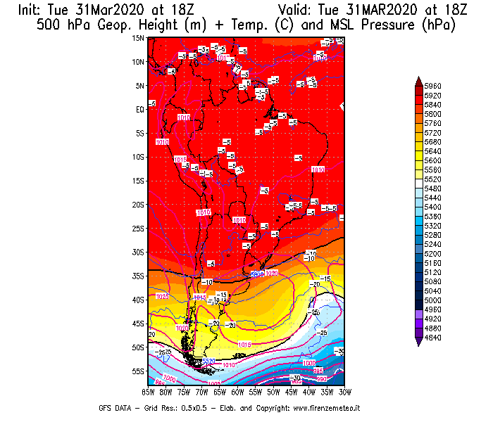 Mappa di analisi GFS - Geopotenziale [m] + Temp. [°C] a 500 hPa + Press. a livello del mare [hPa] in Sud-America
							del 31/03/2020 18 <!--googleoff: index-->UTC<!--googleon: index-->