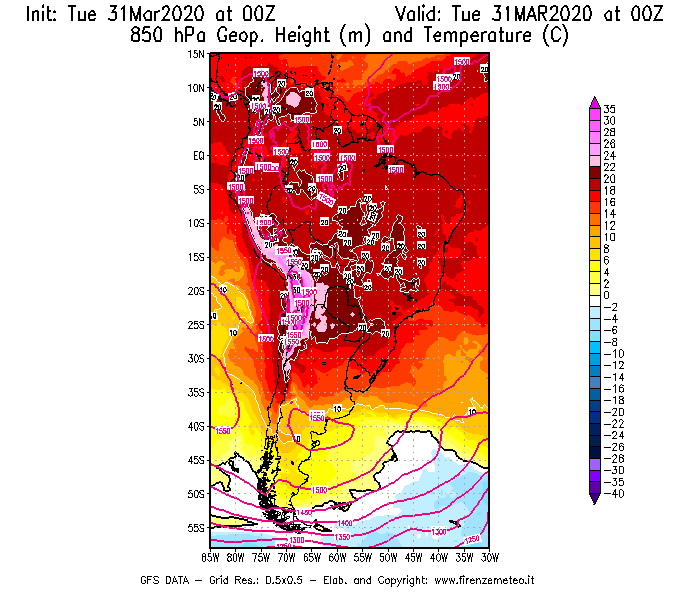 Mappa di analisi GFS - Geopotenziale [m] e Temperatura [°C] a 850 hPa in Sud-America
							del 31/03/2020 00 <!--googleoff: index-->UTC<!--googleon: index-->