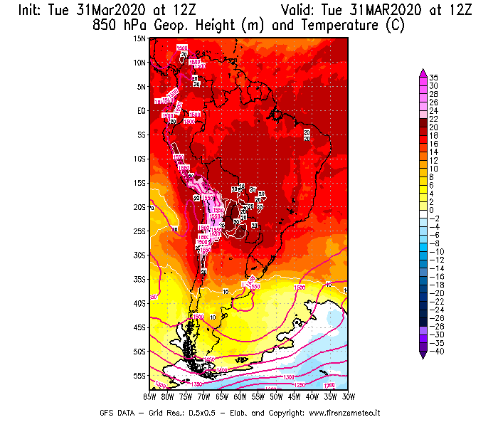 Mappa di analisi GFS - Geopotenziale [m] e Temperatura [°C] a 850 hPa in Sud-America
							del 31/03/2020 12 <!--googleoff: index-->UTC<!--googleon: index-->