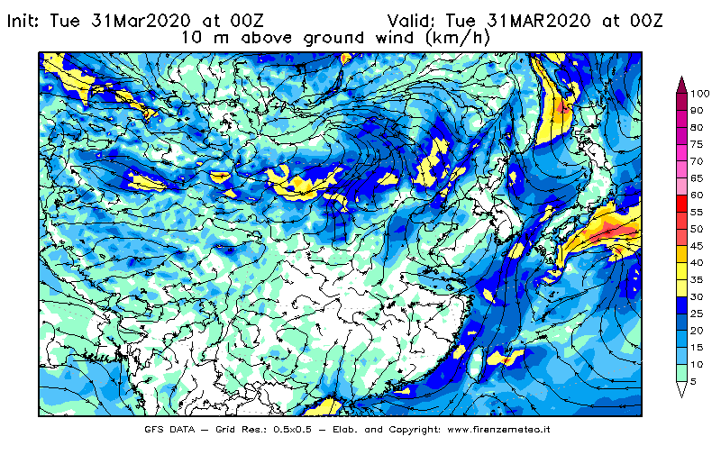 Mappa di analisi GFS - Velocità del vento a 10 metri dal suolo [km/h] in Asia Orientale
							del 31/03/2020 00 <!--googleoff: index-->UTC<!--googleon: index-->