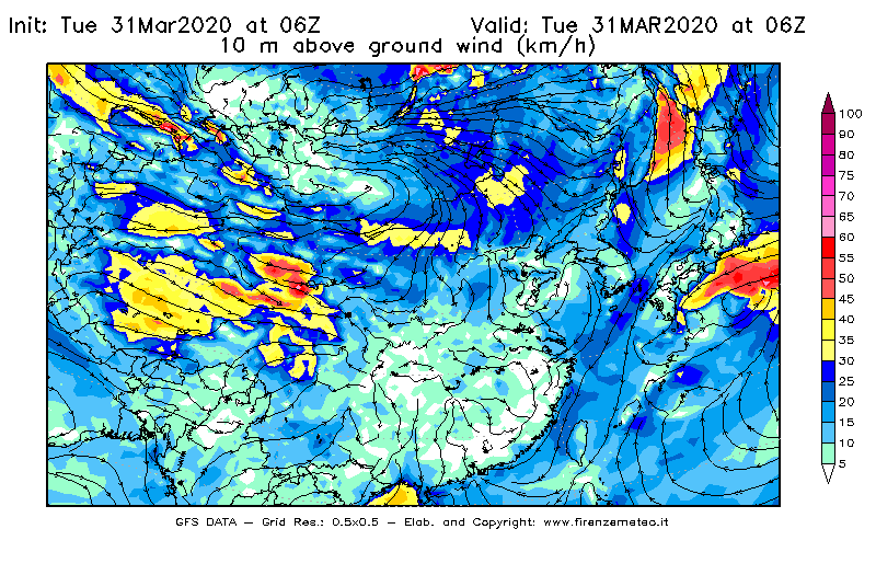 Mappa di analisi GFS - Velocità del vento a 10 metri dal suolo [km/h] in Asia Orientale
							del 31/03/2020 06 <!--googleoff: index-->UTC<!--googleon: index-->