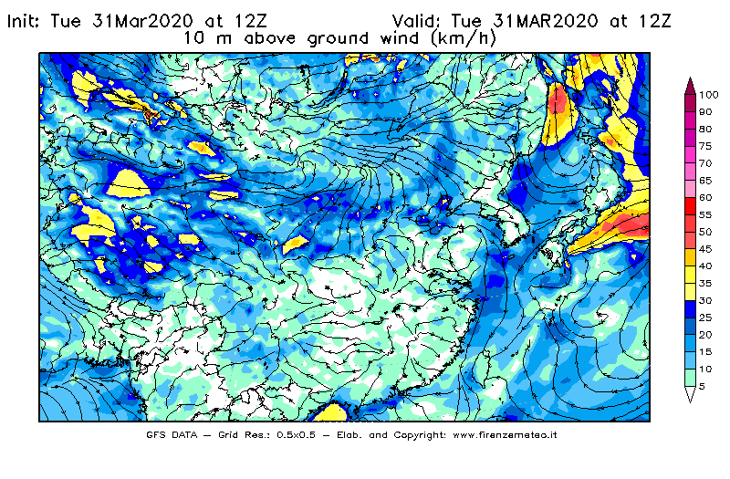 Mappa di analisi GFS - Velocità del vento a 10 metri dal suolo [km/h] in Asia Orientale
							del 31/03/2020 12 <!--googleoff: index-->UTC<!--googleon: index-->