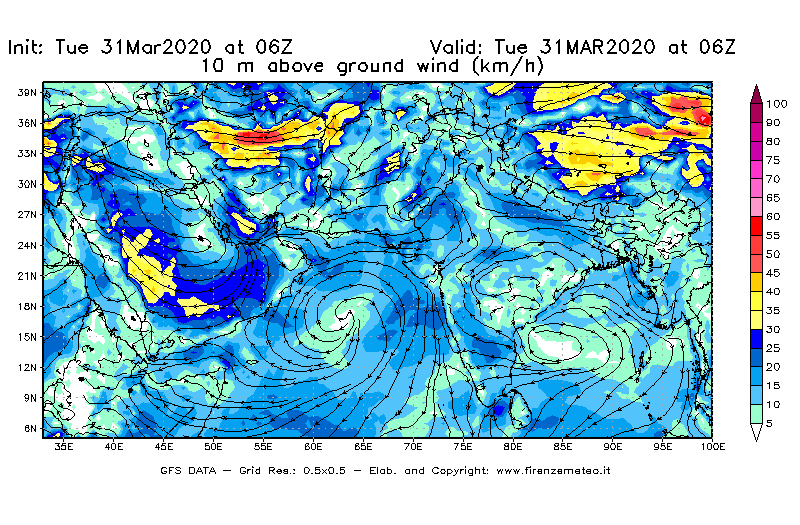 Mappa di analisi GFS - Velocità del vento a 10 metri dal suolo [km/h] in Asia Sud-Occidentale
							del 31/03/2020 06 <!--googleoff: index-->UTC<!--googleon: index-->