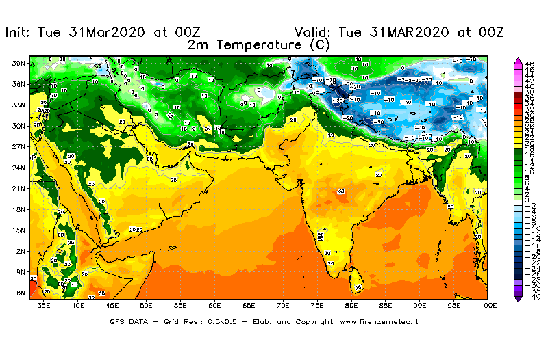 Mappa di analisi GFS - Temperatura a 2 metri dal suolo [°C] in Asia Sud-Occidentale
							del 31/03/2020 00 <!--googleoff: index-->UTC<!--googleon: index-->