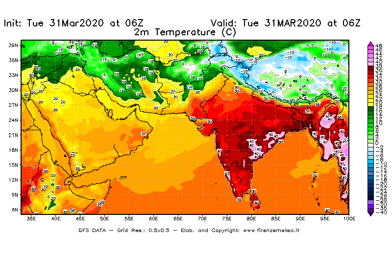 Mappa di analisi GFS - Temperatura a 2 metri dal suolo [°C] in Asia Sud-Occidentale
							del 31/03/2020 06 <!--googleoff: index-->UTC<!--googleon: index-->