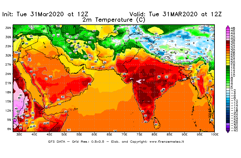 Mappa di analisi GFS - Temperatura a 2 metri dal suolo [°C] in Asia Sud-Occidentale
							del 31/03/2020 12 <!--googleoff: index-->UTC<!--googleon: index-->