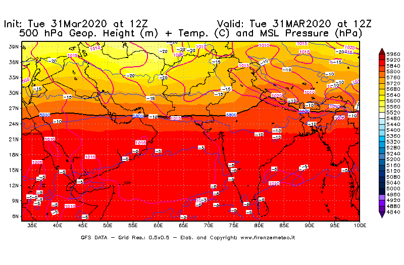Mappa di analisi GFS - Geopotenziale [m] + Temp. [°C] a 500 hPa + Press. a livello del mare [hPa] in Asia Sud-Occidentale
							del 31/03/2020 12 <!--googleoff: index-->UTC<!--googleon: index-->