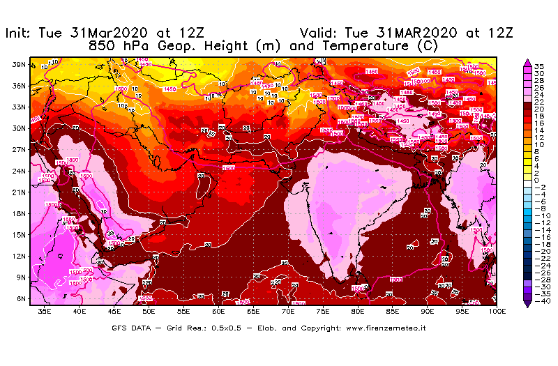 Mappa di analisi GFS - Geopotenziale [m] e Temperatura [°C] a 850 hPa in Asia Sud-Occidentale
							del 31/03/2020 12 <!--googleoff: index-->UTC<!--googleon: index-->