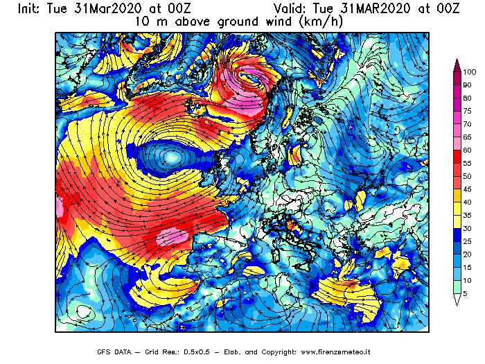 Mappa di analisi GFS - Velocità del vento a 10 metri dal suolo [km/h] in Europa
							del 31/03/2020 00 <!--googleoff: index-->UTC<!--googleon: index-->