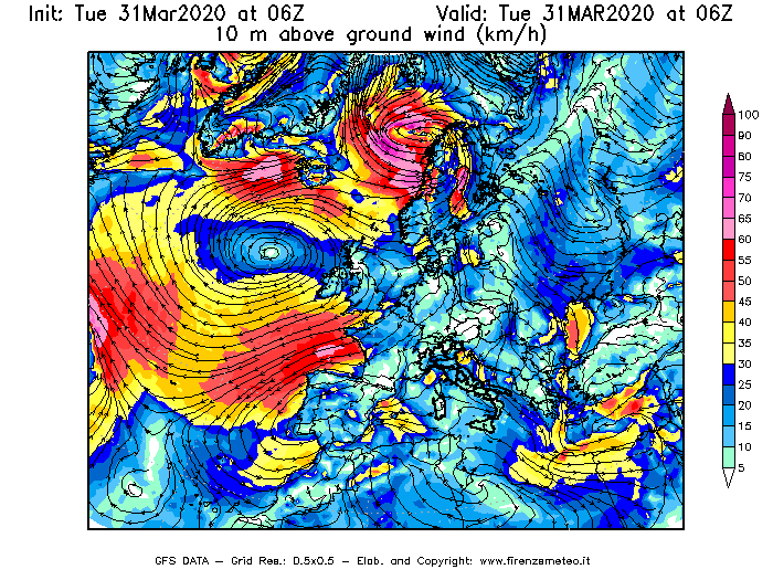 Mappa di analisi GFS - Velocità del vento a 10 metri dal suolo [km/h] in Europa
							del 31/03/2020 06 <!--googleoff: index-->UTC<!--googleon: index-->
