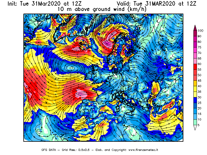 Mappa di analisi GFS - Velocità del vento a 10 metri dal suolo [km/h] in Europa
							del 31/03/2020 12 <!--googleoff: index-->UTC<!--googleon: index-->