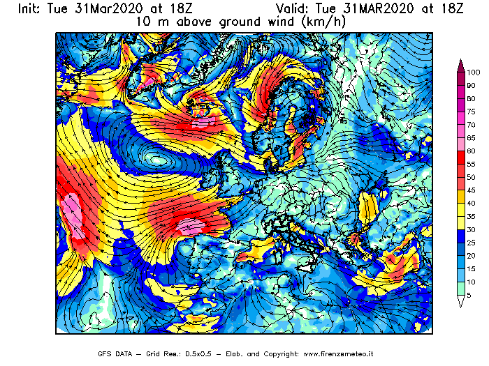 Mappa di analisi GFS - Velocità del vento a 10 metri dal suolo [km/h] in Europa
							del 31/03/2020 18 <!--googleoff: index-->UTC<!--googleon: index-->