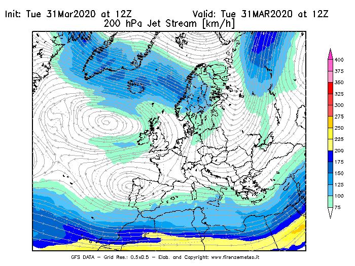 Mappa di analisi GFS - Jet Stream a 200 hPa in Europa
							del 31/03/2020 12 <!--googleoff: index-->UTC<!--googleon: index-->