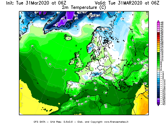 Mappa di analisi GFS - Temperatura a 2 metri dal suolo [°C] in Europa
							del 31/03/2020 06 <!--googleoff: index-->UTC<!--googleon: index-->